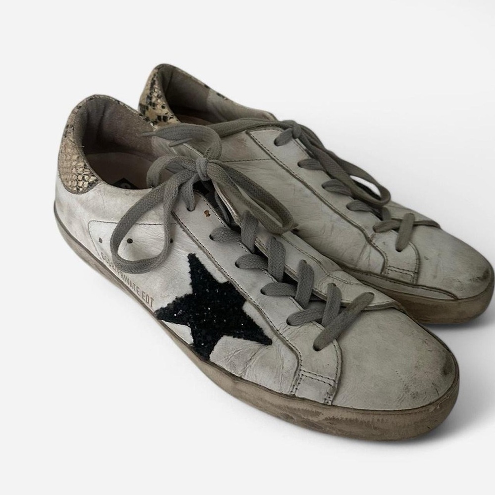 Golden Goose white leather sneakers with snakeskin back detailing and black star